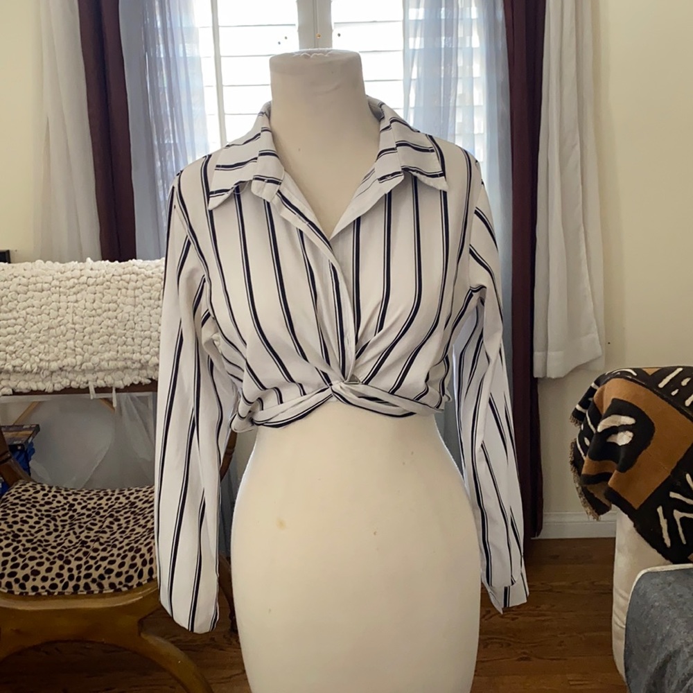 Vertical Striped Button down/ Crop Top